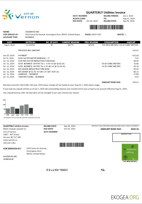 Modèle de facture de service d'eau pour les entreprises de distribution d'eau de la ville de Vernon aux formats Word et PDF États Unis Canada